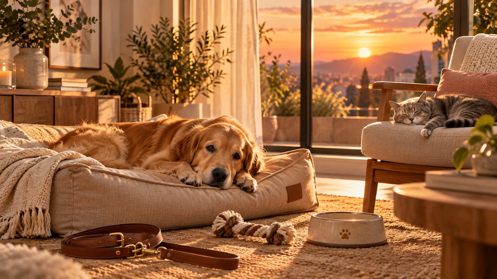 Peludos: perro y gato descansando al atardecer en GH Design Store